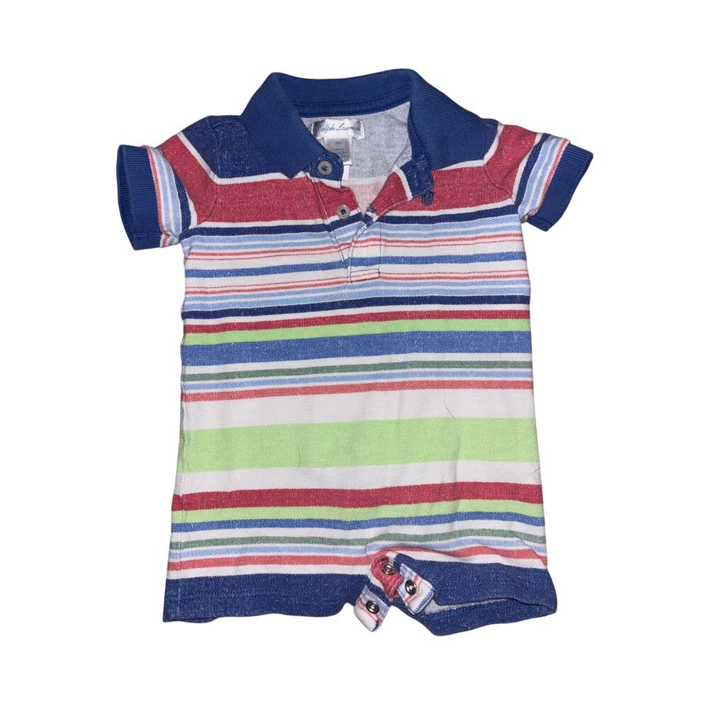 AUTHENTIC RALPH LAUREN Striped Cotton Mesh Polo Shortall Romper